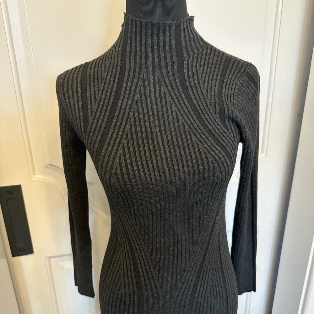 French Connection Mock Neck Charcoal Ribbed Knit Sweater Dress NEW - Picture 2 of 7